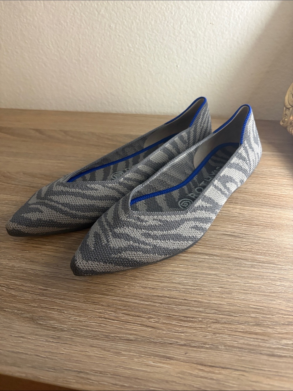 Rothy's Gray Pointed Knit Ballet Flats with Blue Trim - Picture 2 of 6